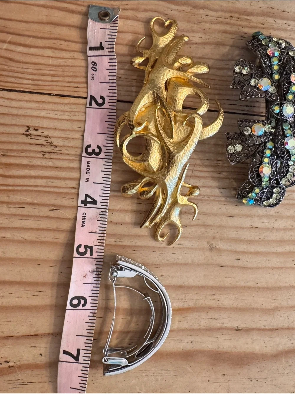 Vintage hammered Gold Dancing Sculpture, Victorian and diamond French hair clips